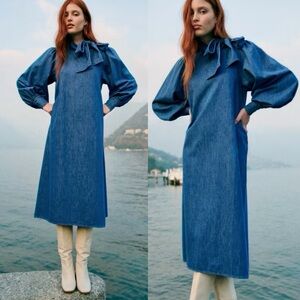 SEZANE Size 34 US 2 Taylor Denim Midi Dress Neck Bow Tie Longsleeve Dress